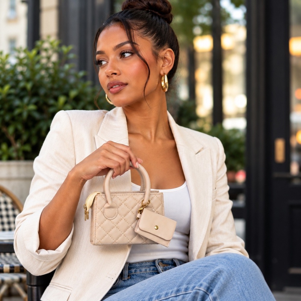 Nude Beige Quilted Mini Satchel Handbag with Coin Purse Charm Gold Hardware